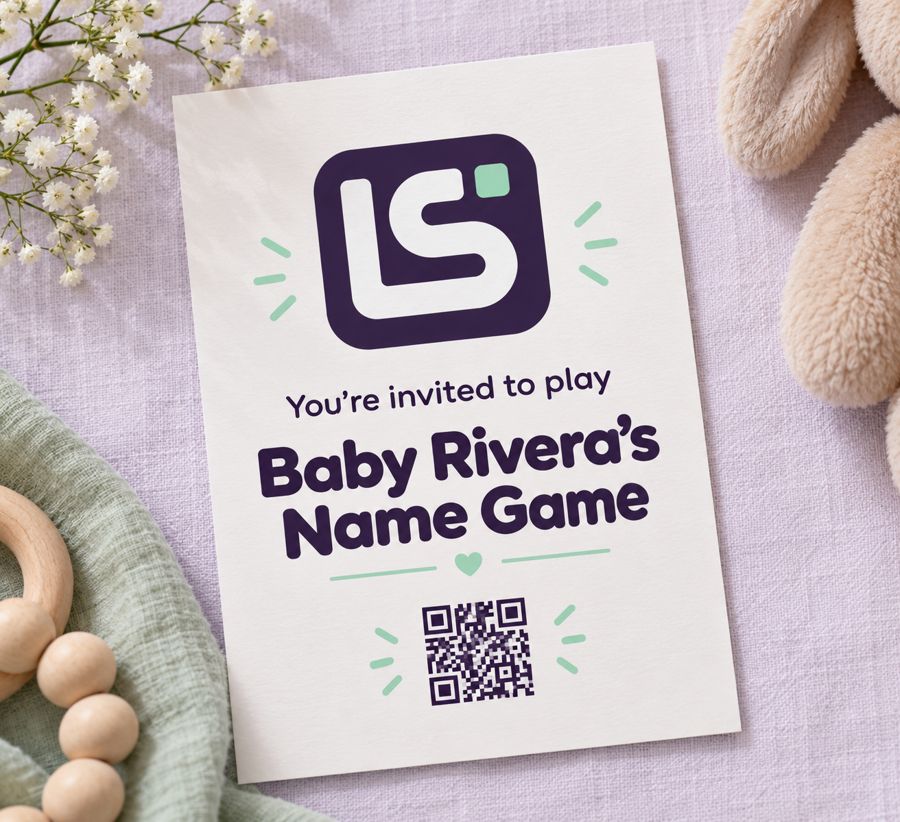 A printed Little Squares invitation card reading “You’re invited to play Baby Rivera’s Name Game” with a QR code